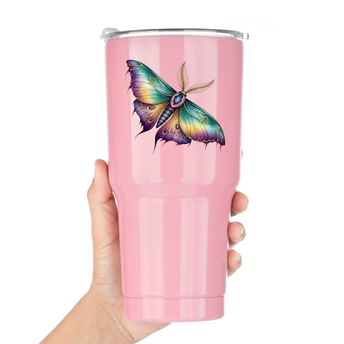 Watercolor Purple Teal Moth UV DTF sticker applied to a pink tumbler held against a white background