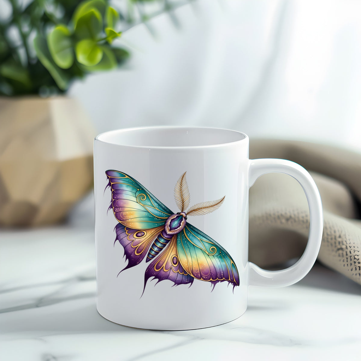 Watercolor Purple Teal Moth UV DTF sticker applied to a white coffee mug