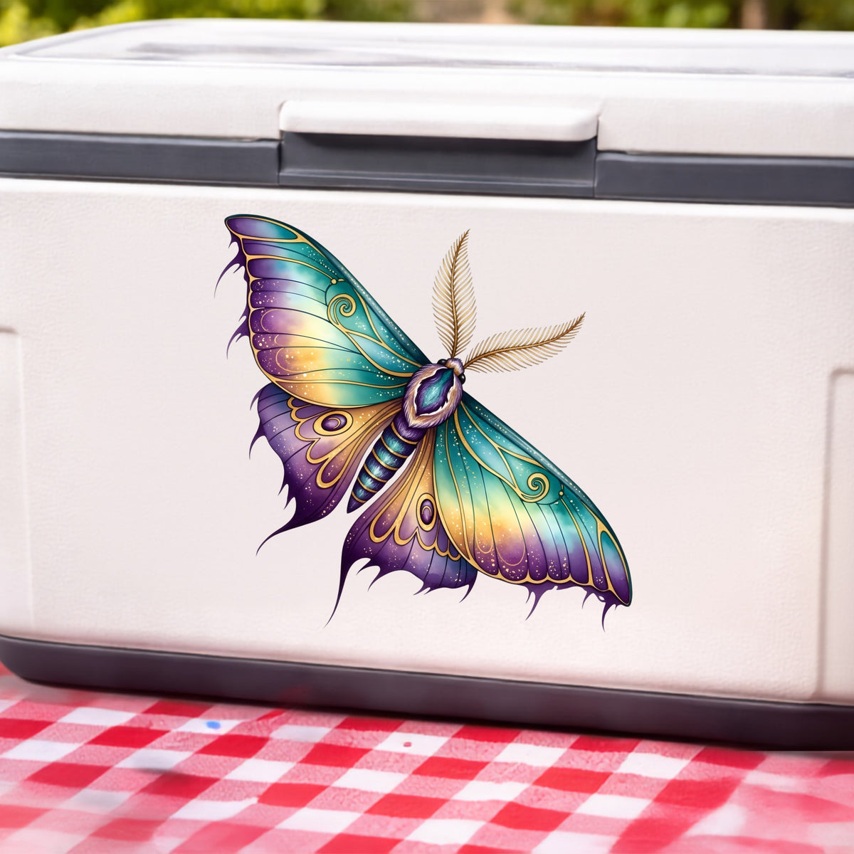 Watercolor Purple Teal Moth UV DTF sticker applied to a white cooler on a red gingham cloth
