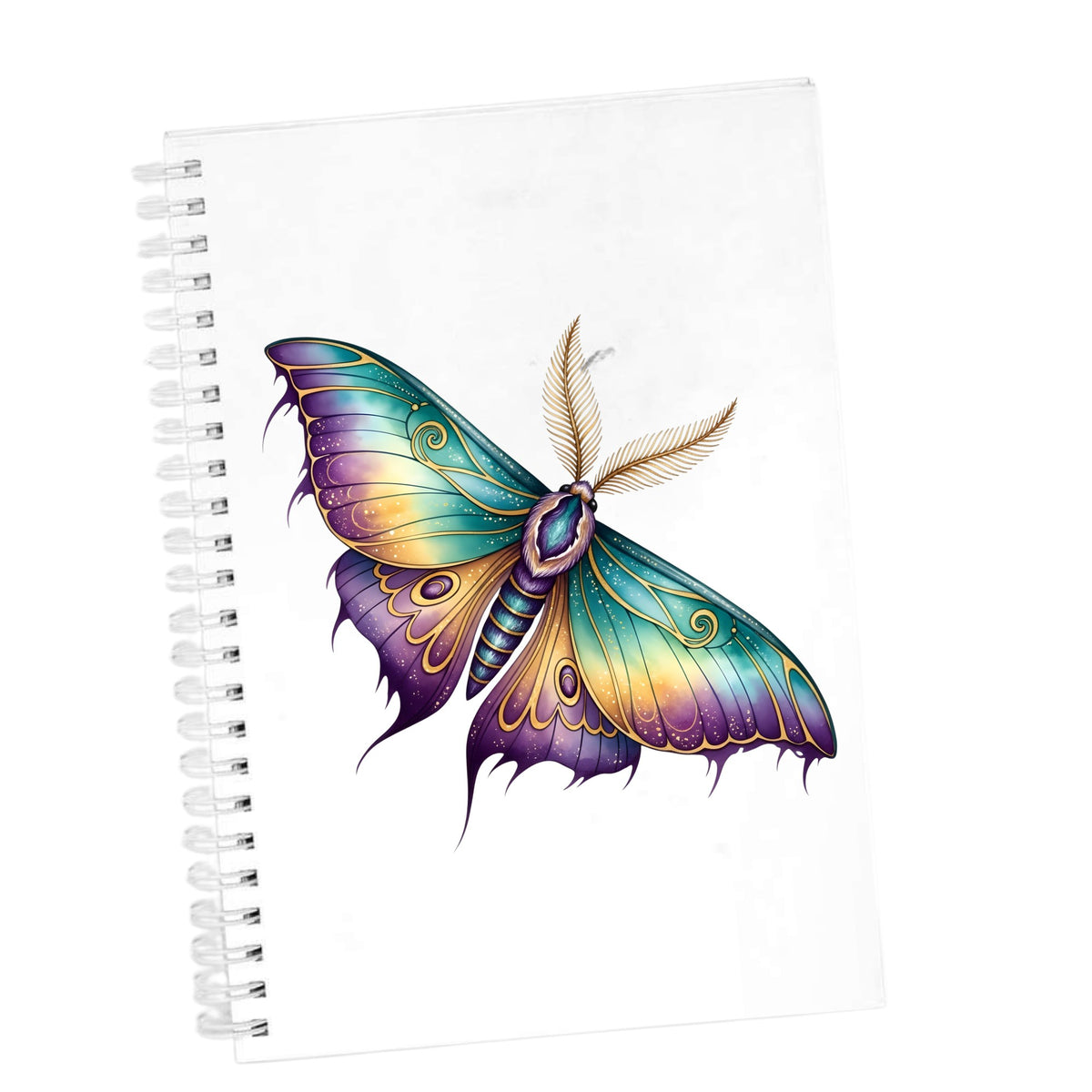 Watercolor Purple Teal Moth UV DTF sticker applied to the cover of a white spiral journal