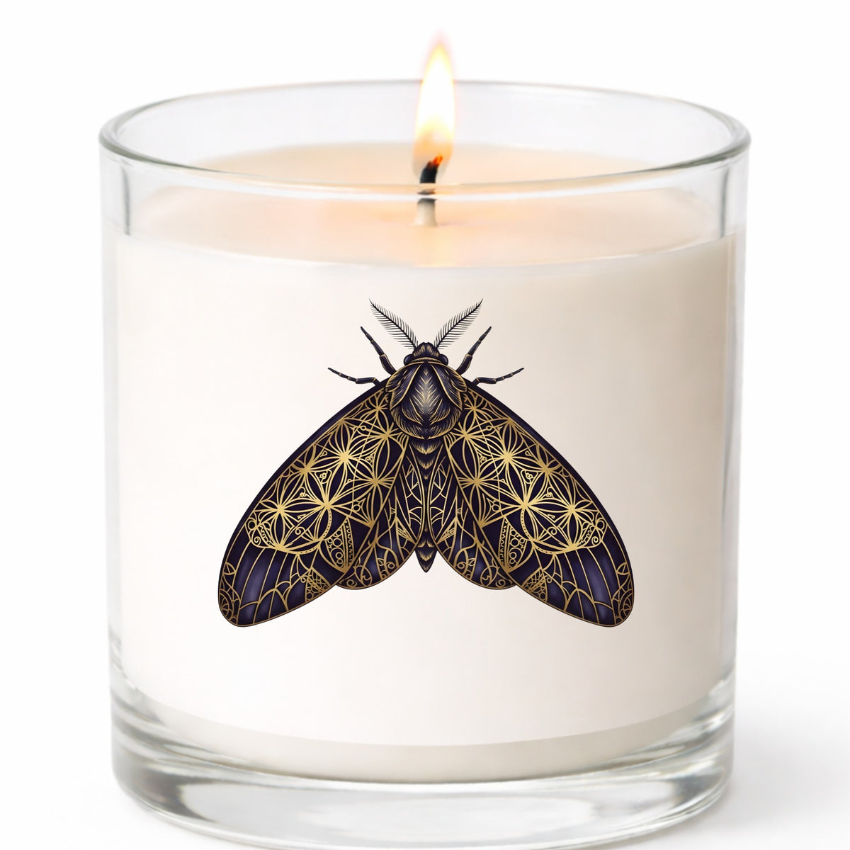Sacred Geometry Moth UV DTF sticker applied to a white candle in a clear glass jar