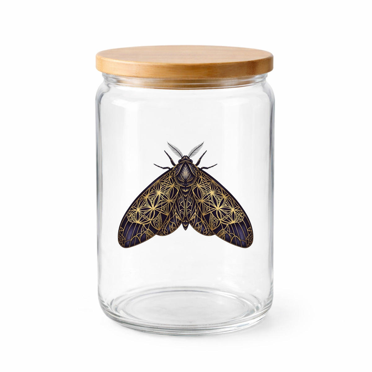 Sacred Geometry Moth UV DTF sticker applied to a clear glass jar with a wooden lid