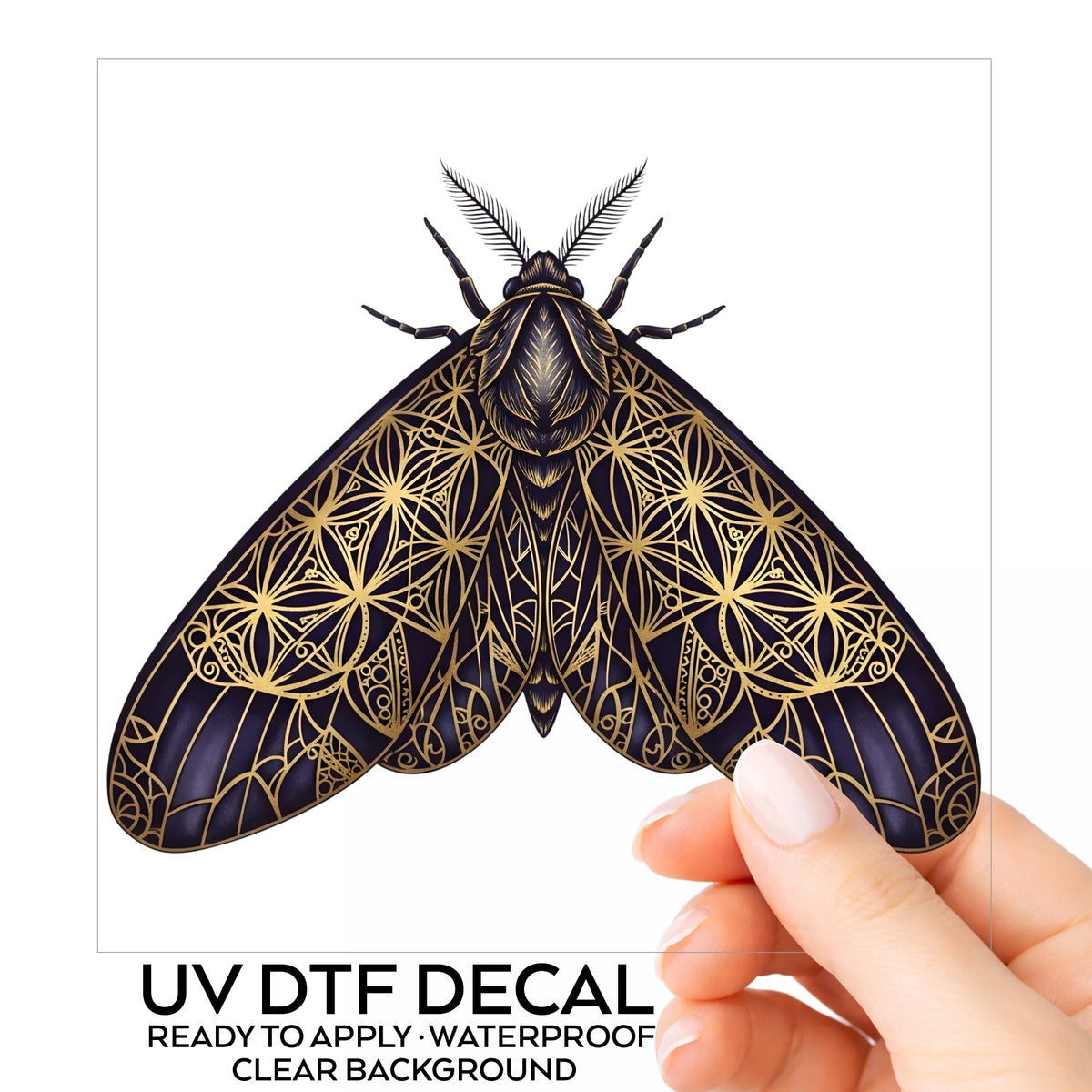 Sacred Geometry Moth UV DTF sticker on its backing card, held in hand