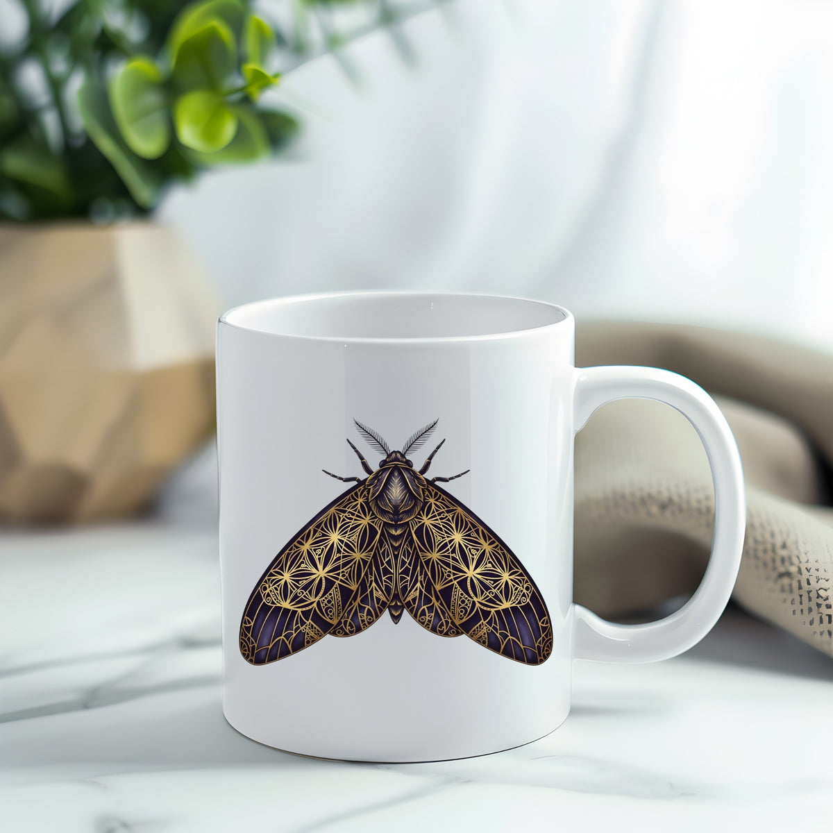 Sacred Geometry Moth UV DTF sticker applied to a white coffee mug