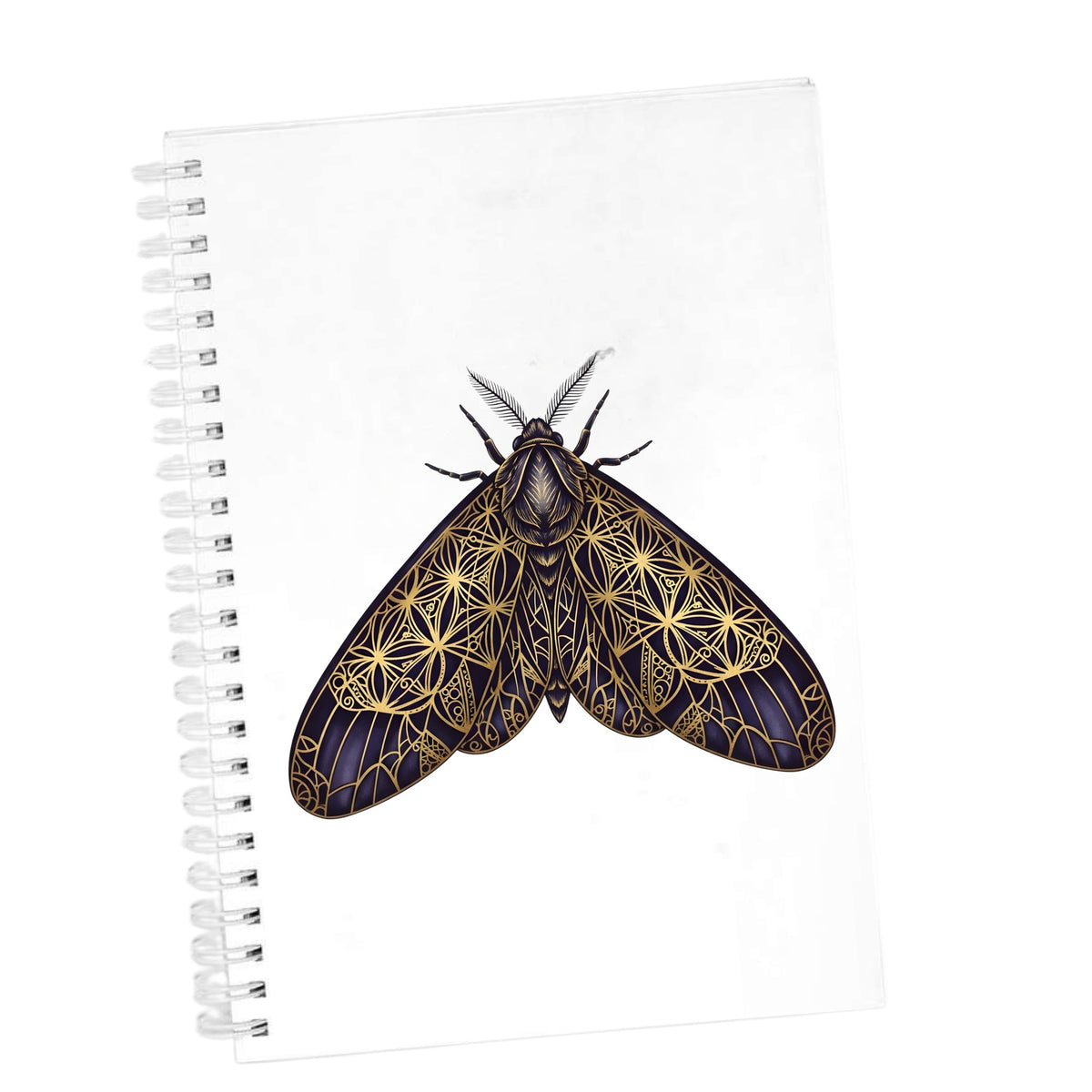 Sacred Geometry Moth UV DTF sticker applied to the cover of a white spiral journal