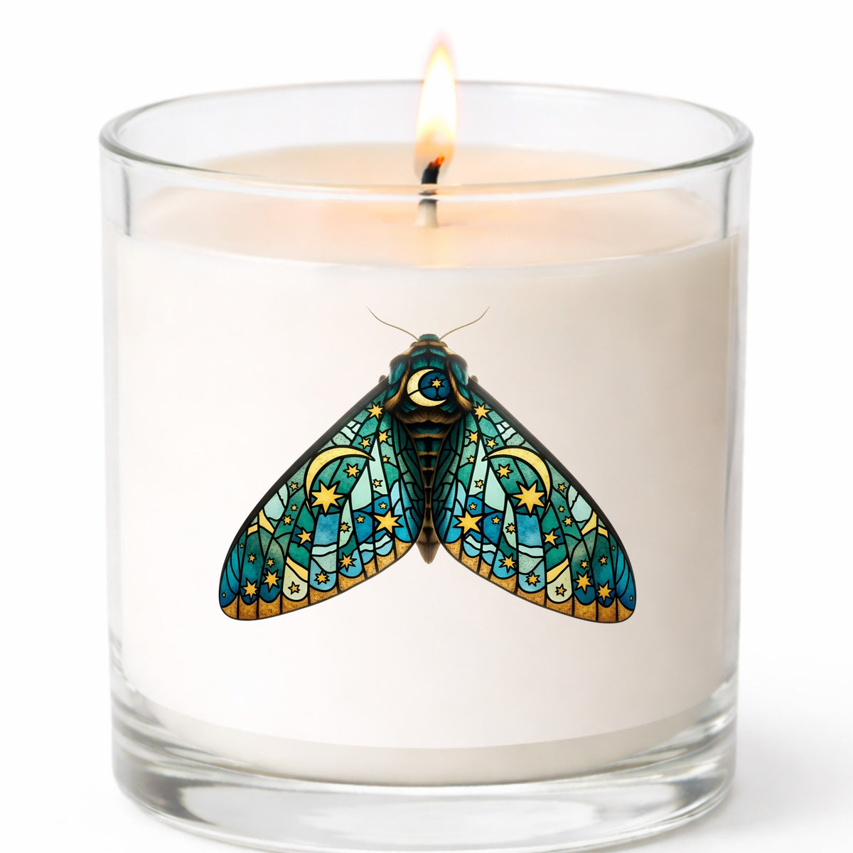 Stained Glass Moon Moth UV DTF sticker applied to a white candle in a clear glass jar