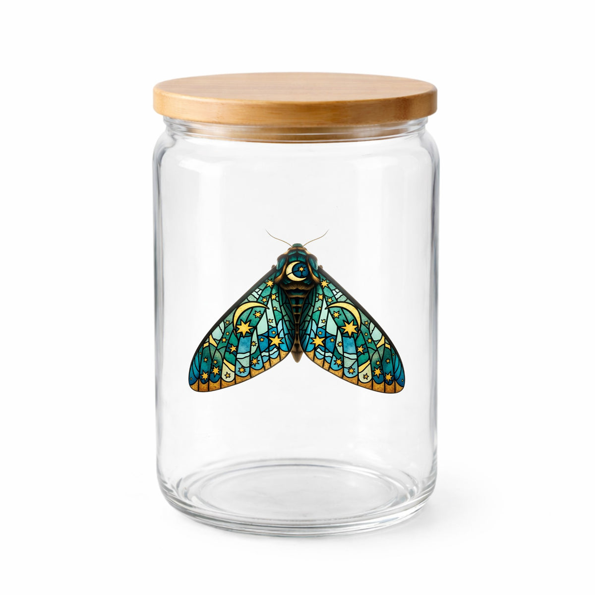 Stained Glass Moon Moth UV DTF sticker applied to a clear glass jar with a wooden lid