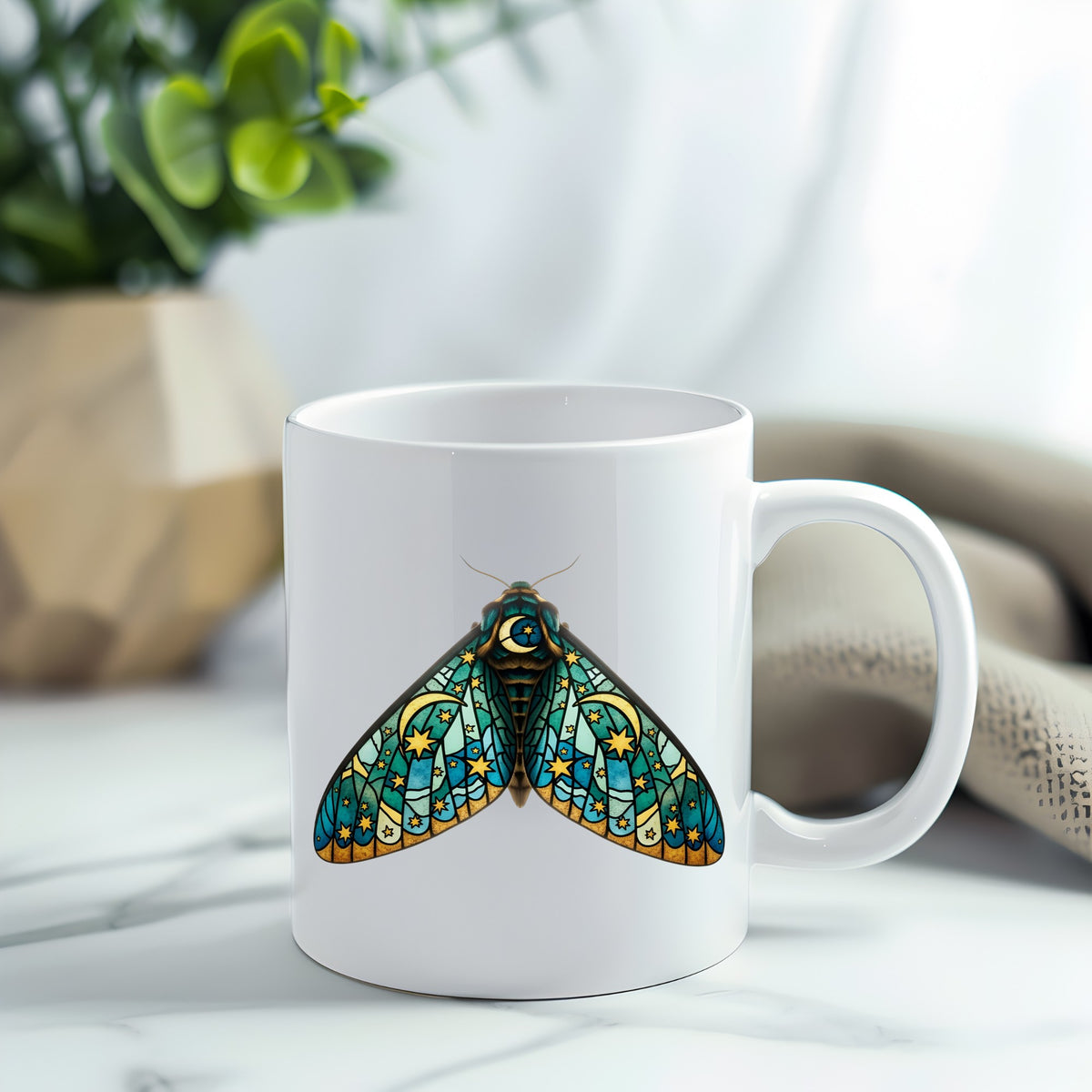 Stained Glass Moon Moth UV DTF sticker applied to a white coffee mug