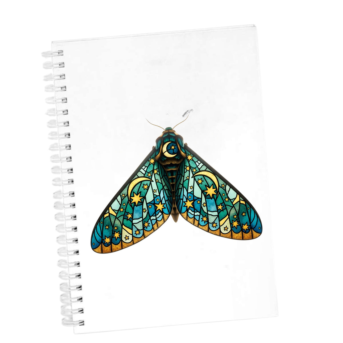 Stained Glass Moon Moth UV DTF sticker applied to the cover of a white spiral journal