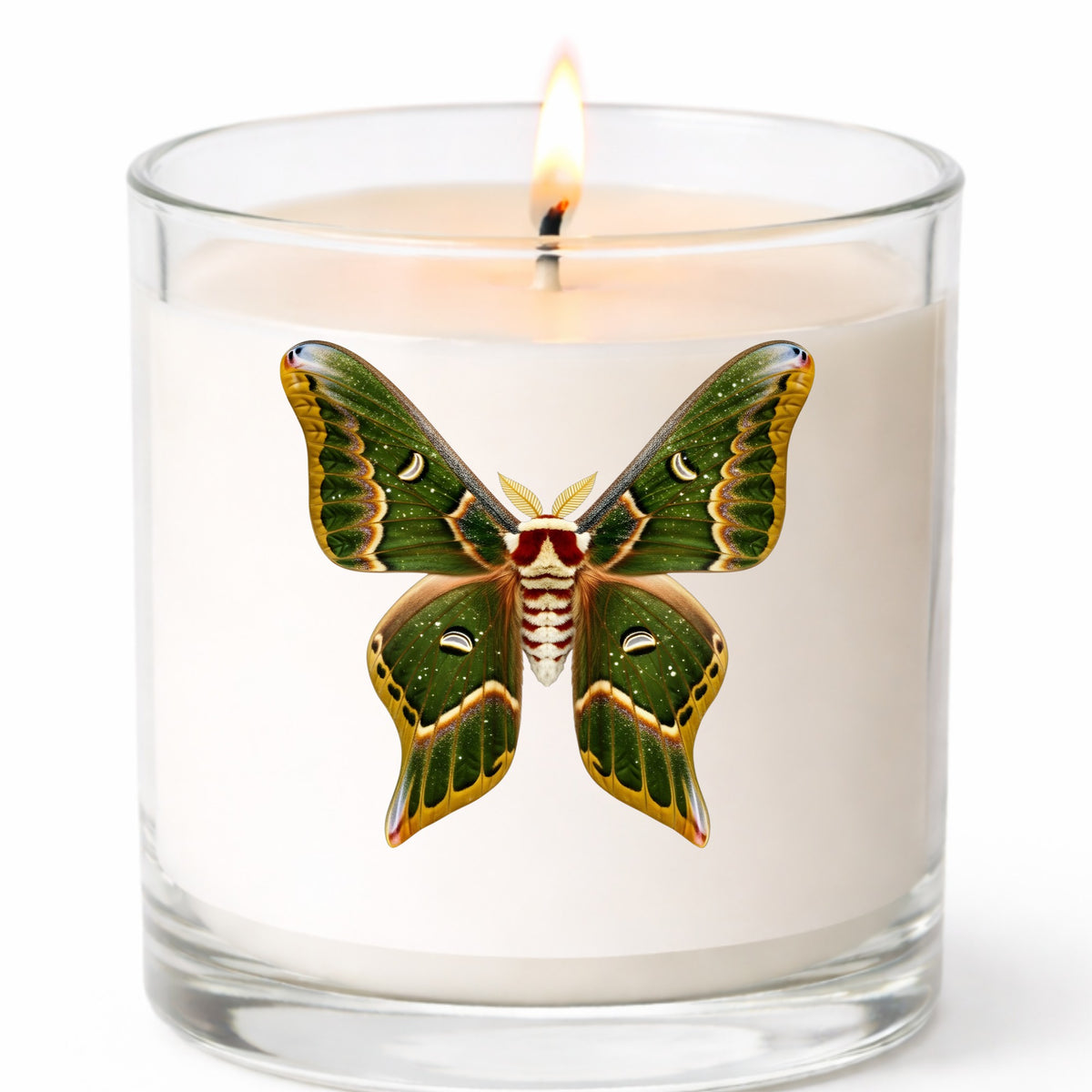 Olive Green Moth UV DTF sticker applied to a white candle in a clear glass jar