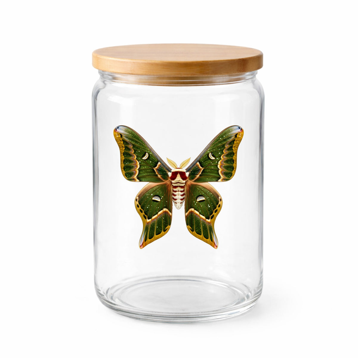 Olive Green Moth UV DTF sticker applied to a clear glass jar with a wooden lid
