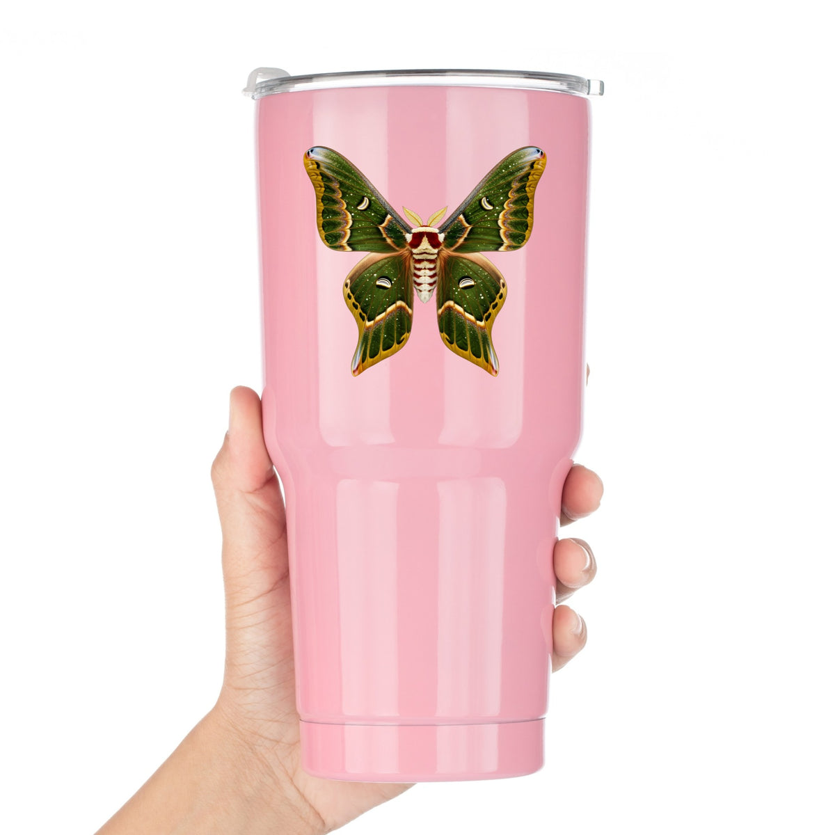 Olive Green Moth UV DTF sticker applied to a pink tumbler held against a white background