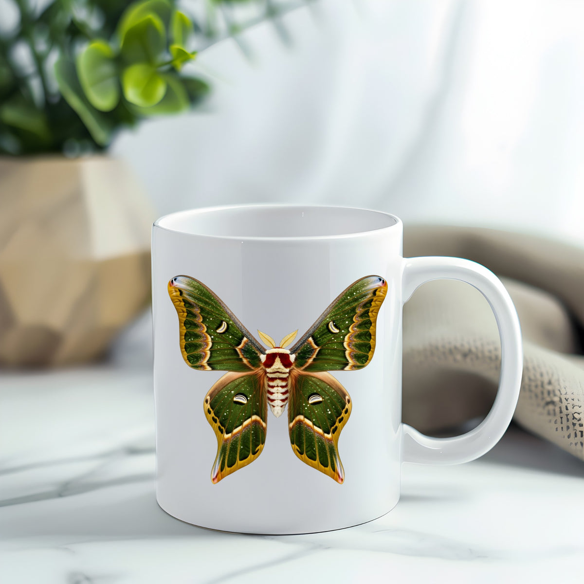 Olive Green Moth UV DTF sticker applied to a white coffee mug