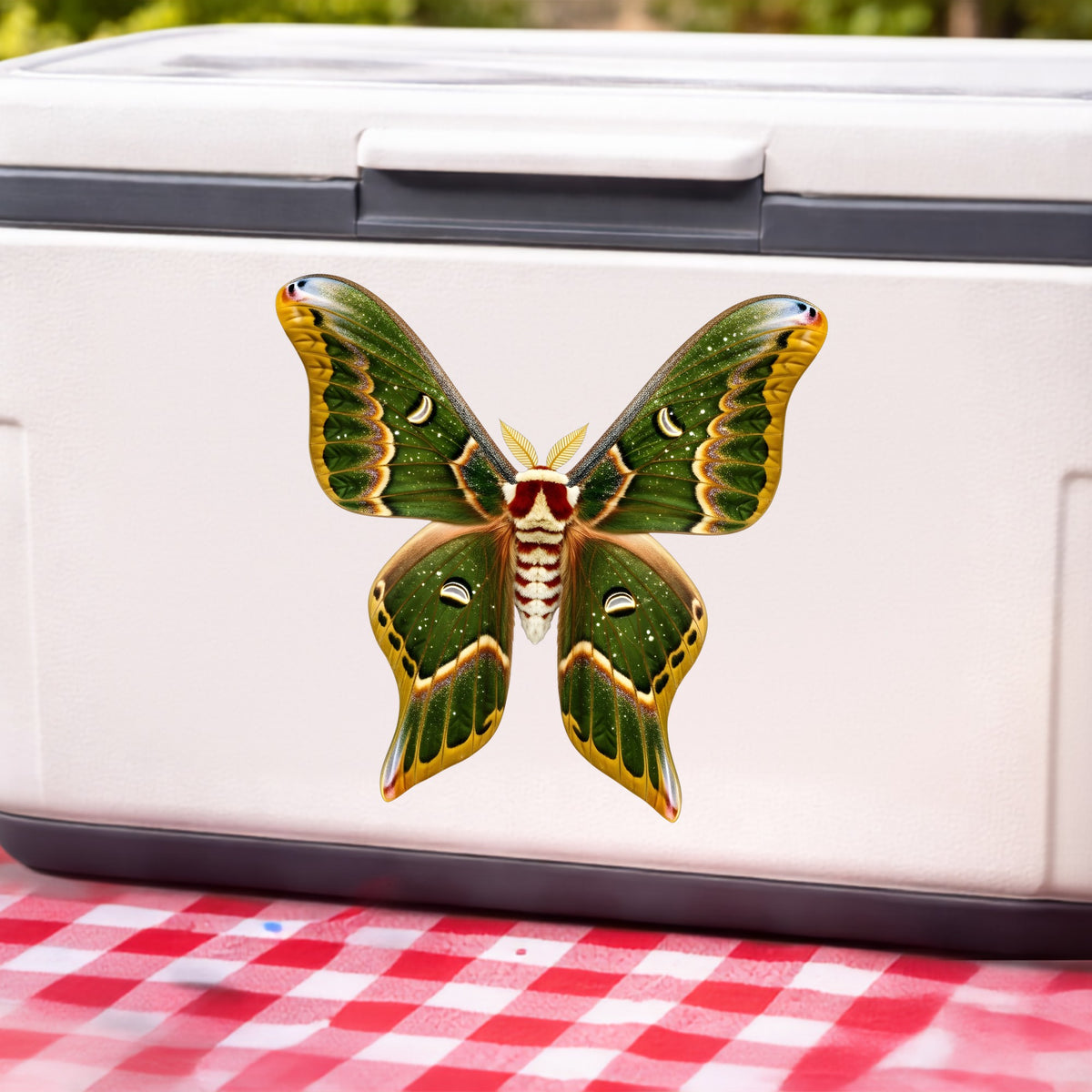 Olive Green Moth UV DTF sticker applied to a white cooler on a red gingham cloth