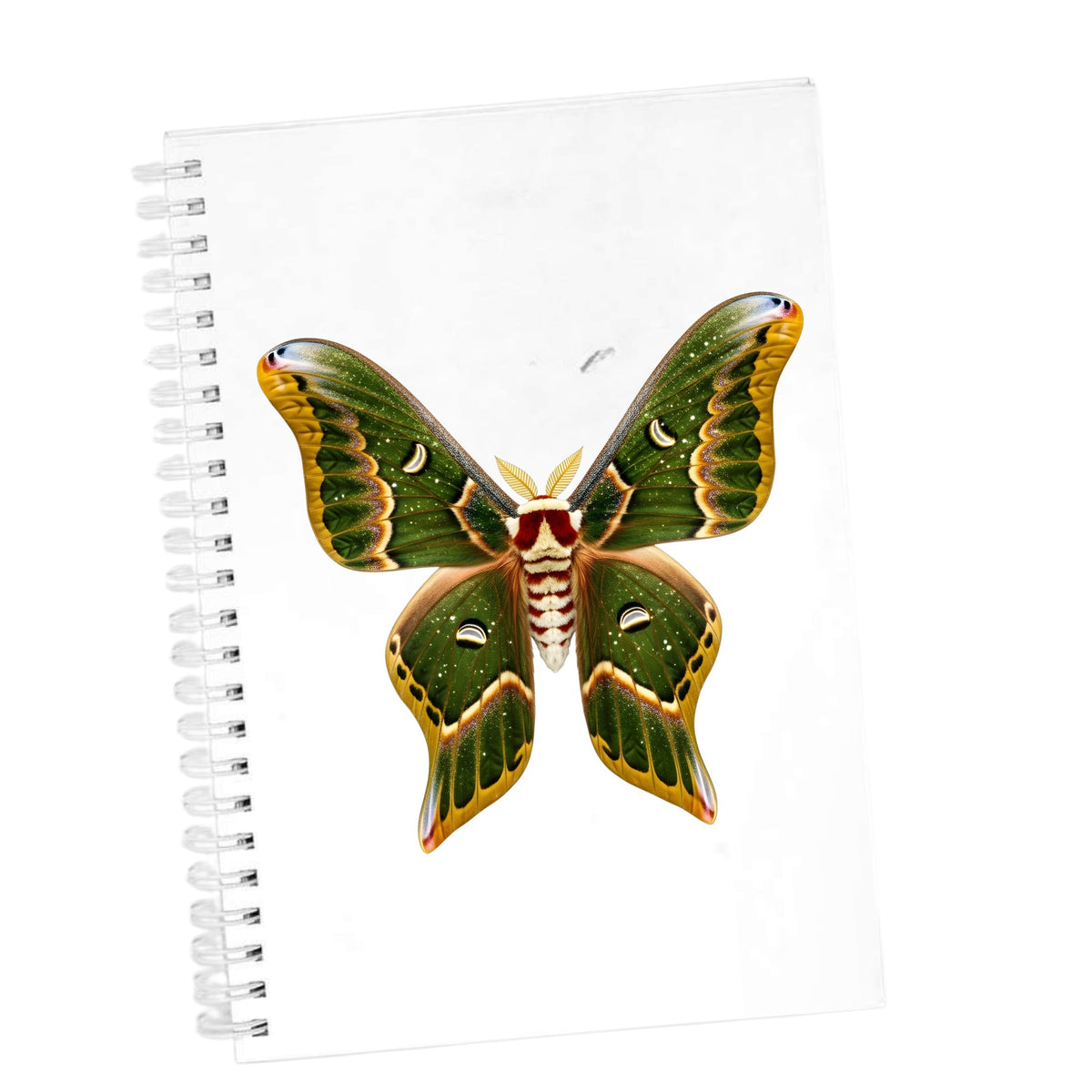 Olive Green Moth UV DTF sticker applied to the cover of a white spiral journal