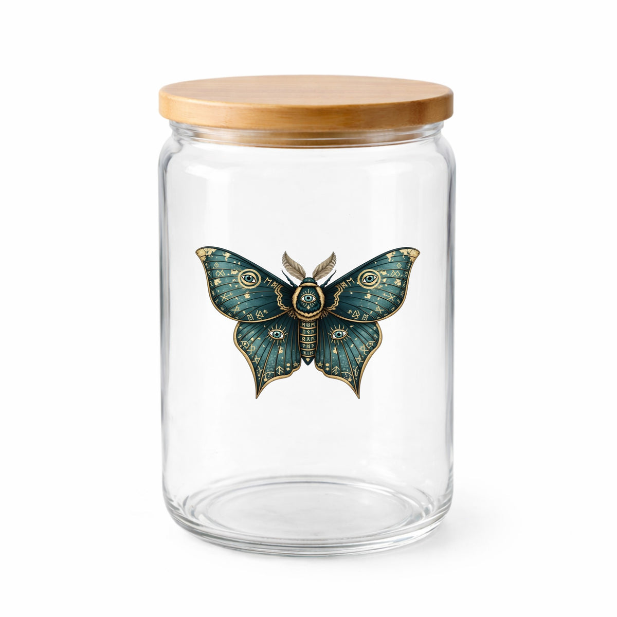 Teal Rune Moth All Seeing Eye UV DTF sticker applied to a clear glass jar with a wooden lid