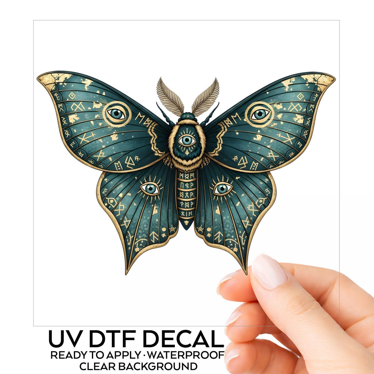 Teal Rune Moth All Seeing Eye UV DTF sticker on its backing card, held in hand