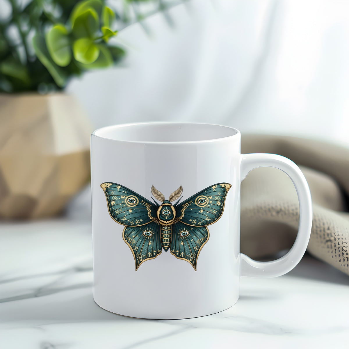 Teal Rune Moth All Seeing Eye UV DTF sticker applied to a white coffee mug