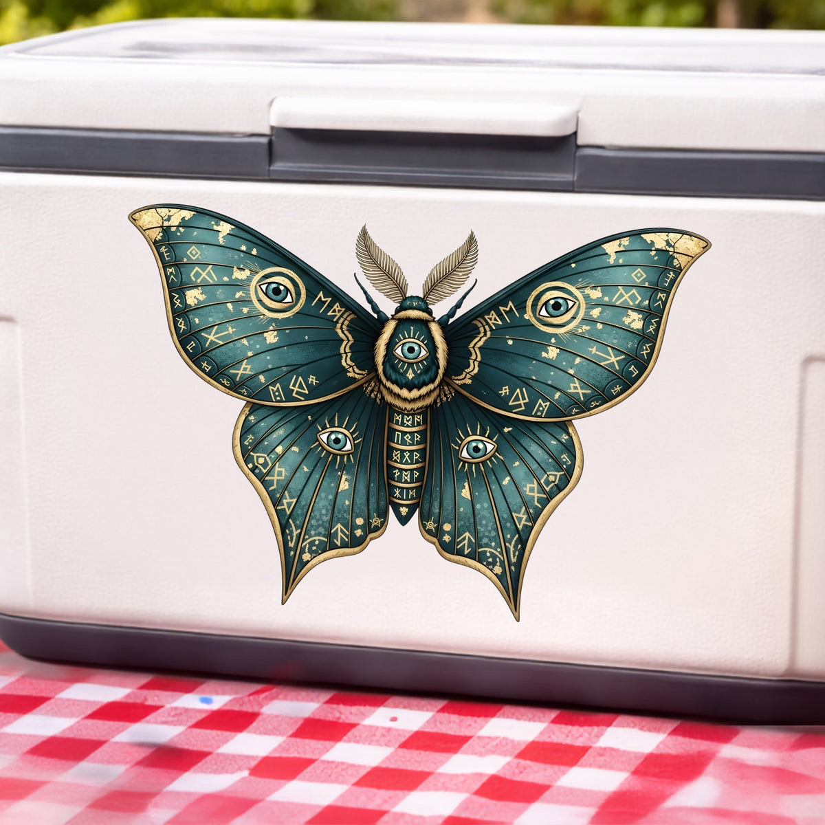 Teal Rune Moth All Seeing Eye UV DTF sticker applied to a white cooler on a red gingham cloth