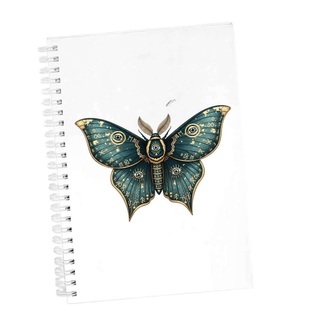 Teal Rune Moth All Seeing Eye UV DTF sticker applied to the cover of a white spiral journal