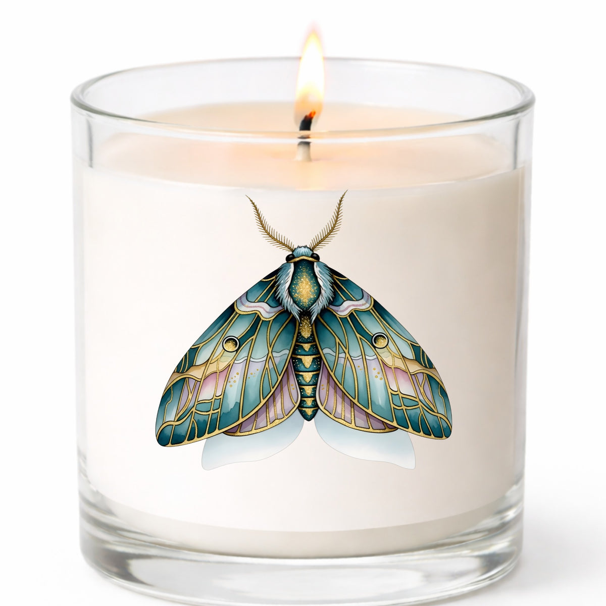 Pastel Teal Pink Moth UV DTF sticker applied to a white candle in a clear glass jar