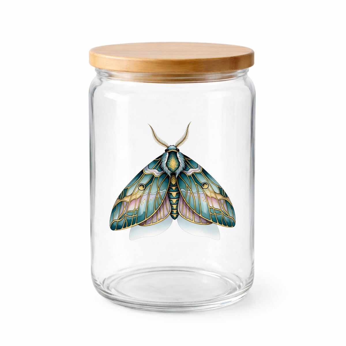 Pastel Teal Pink Moth UV DTF sticker applied to a clear glass jar with a wooden lid