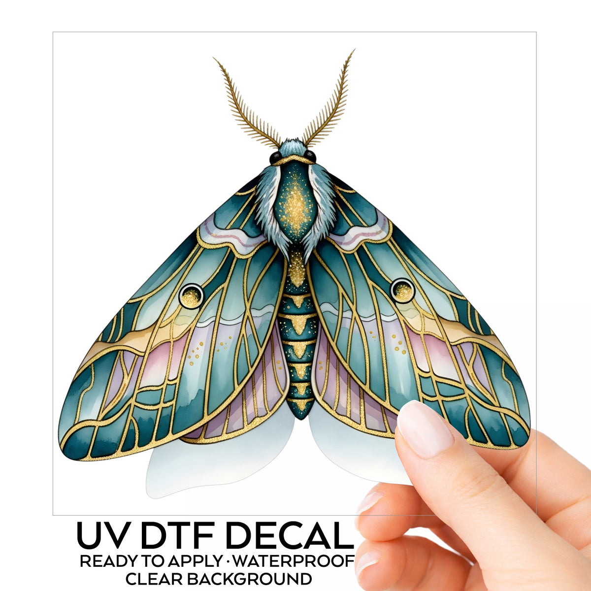 Pastel Teal Pink Moth UV DTF sticker on its backing card, held in hand