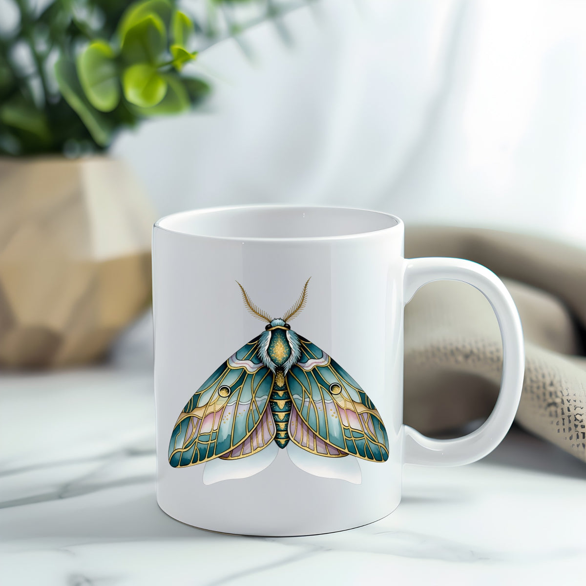 Pastel Teal Pink Moth UV DTF sticker applied to a white coffee mug