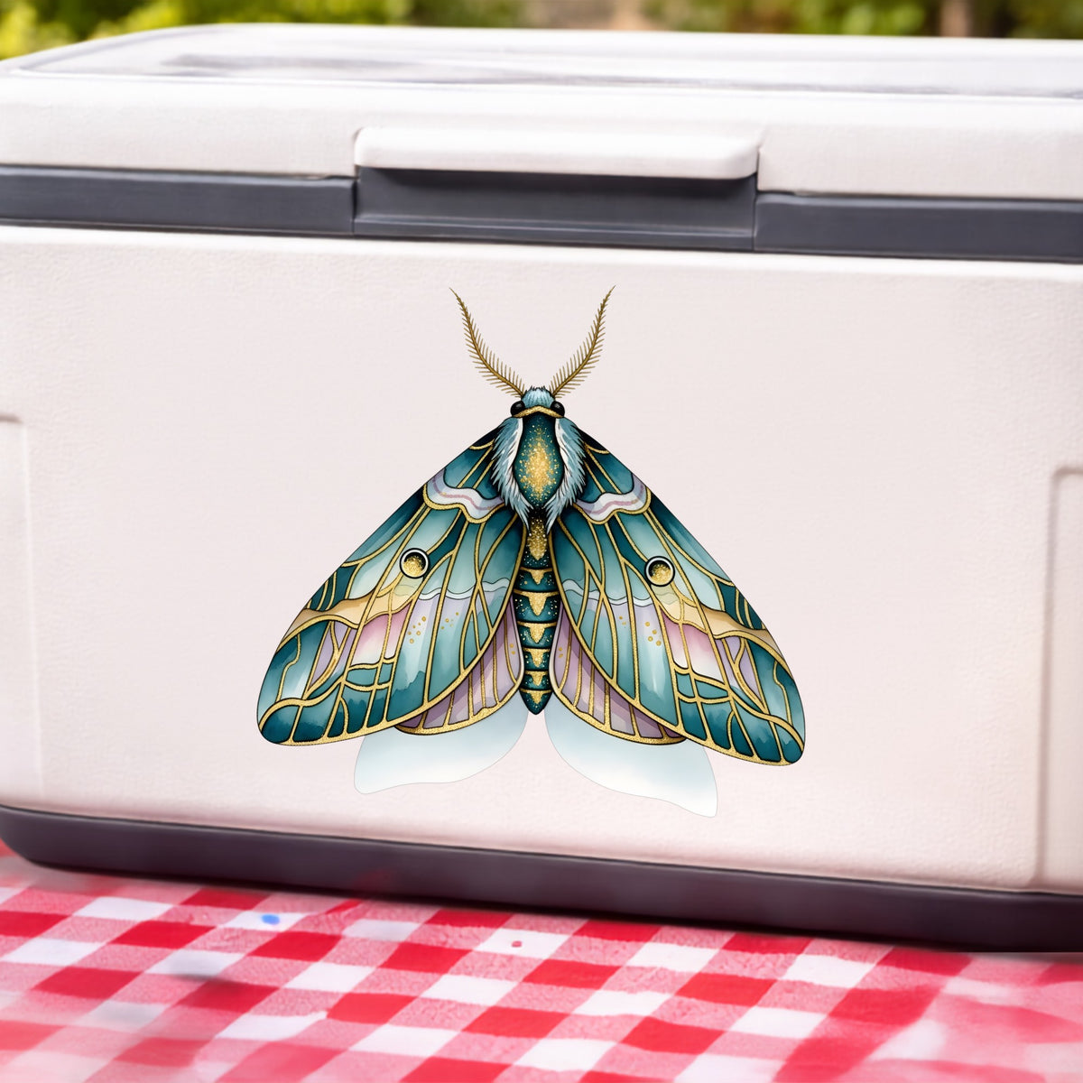 Pastel Teal Pink Moth UV DTF sticker applied to a white cooler on a red gingham cloth