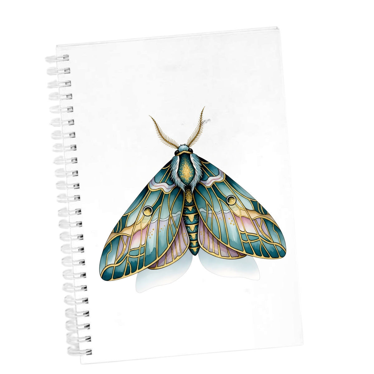 Pastel Teal Pink Moth UV DTF sticker applied to the cover of a white spiral journal