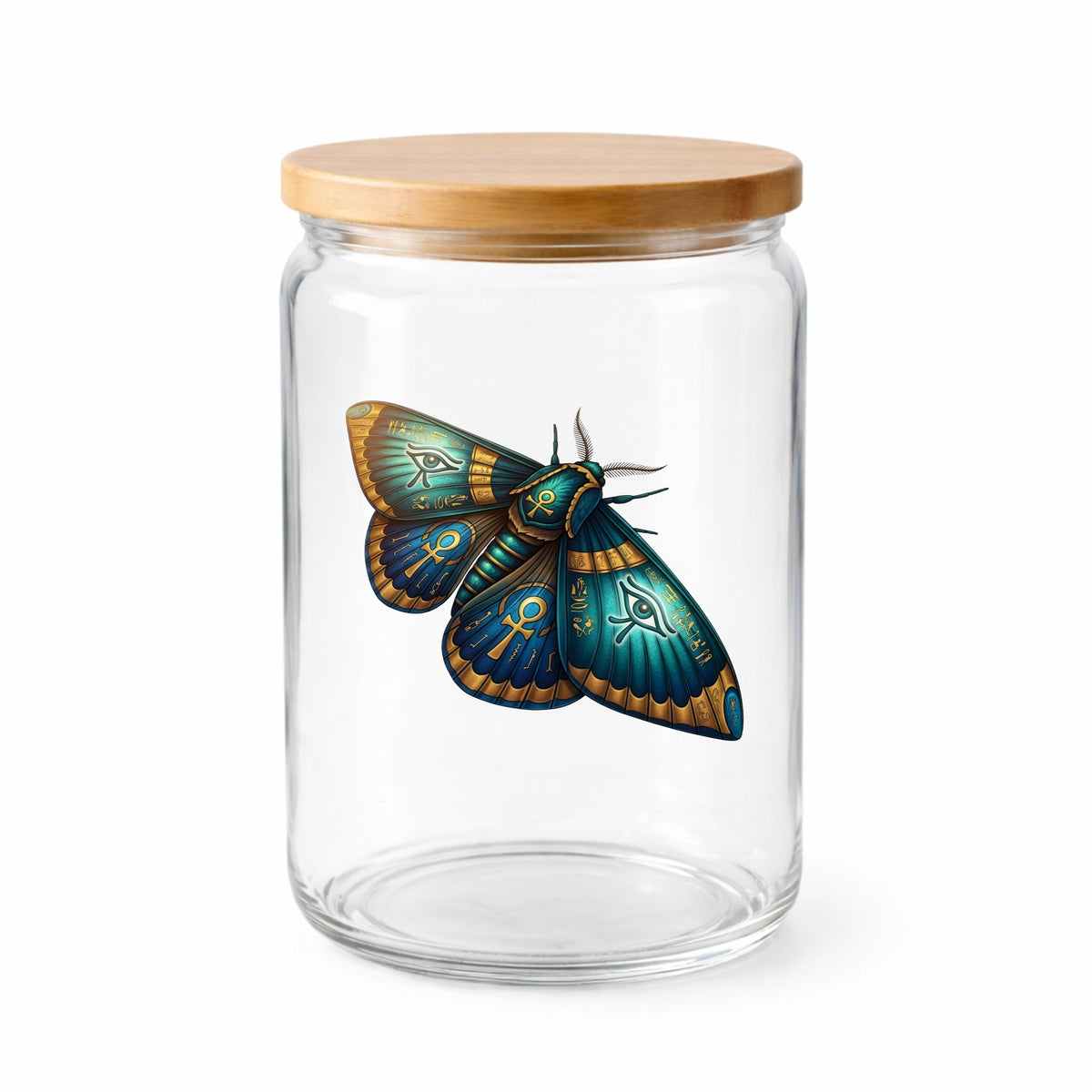 Egyptian Eye Of Horus Moth UV DTF sticker applied to a clear glass jar with a wooden lid