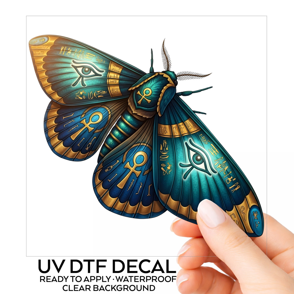 Egyptian Eye Of Horus Moth UV DTF sticker on its backing card, held in hand