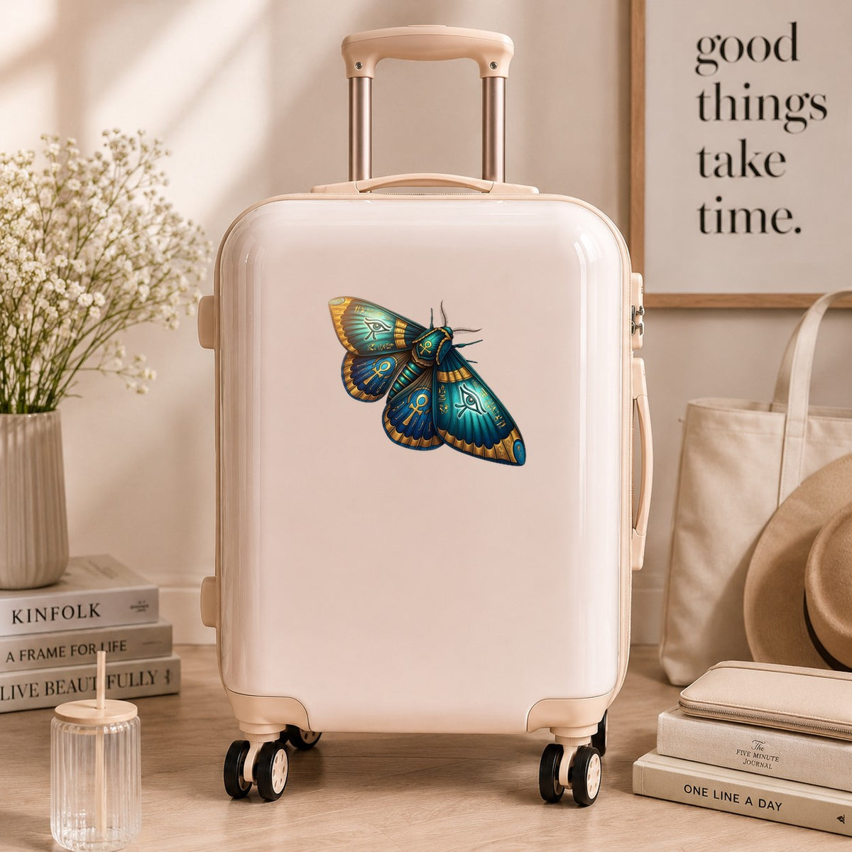 Egyptian Eye Of Horus Moth UV DTF sticker applied to a cream carry-on suitcase