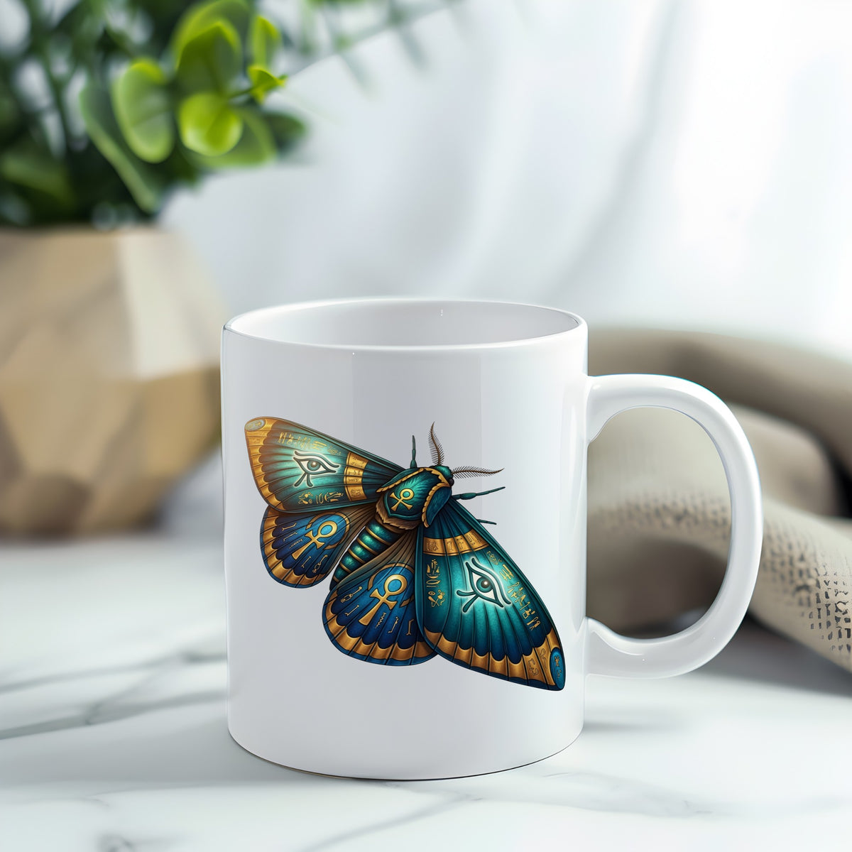 Egyptian Eye Of Horus Moth UV DTF sticker applied to a white coffee mug