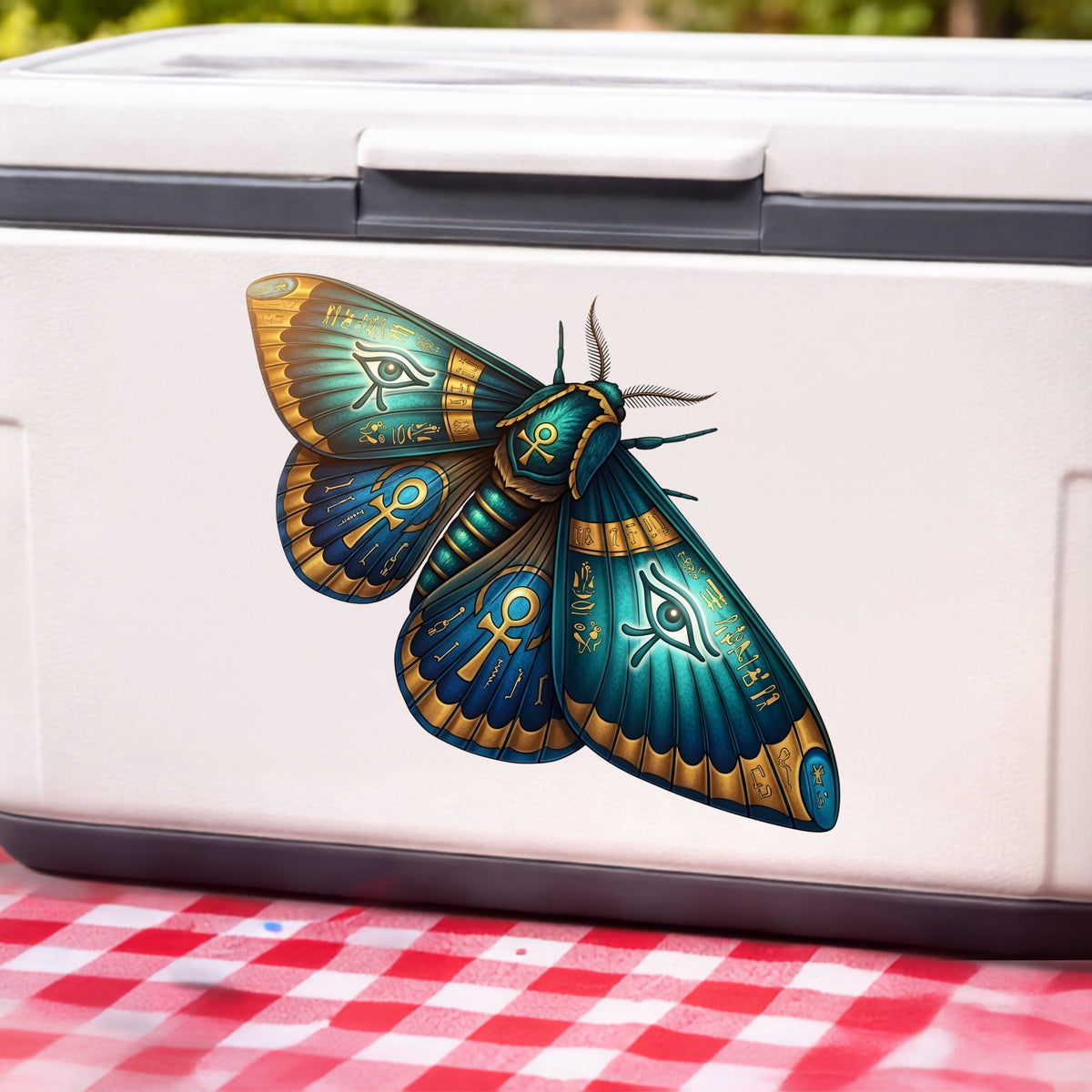 Egyptian Eye Of Horus Moth UV DTF sticker applied to a white cooler on a red gingham cloth