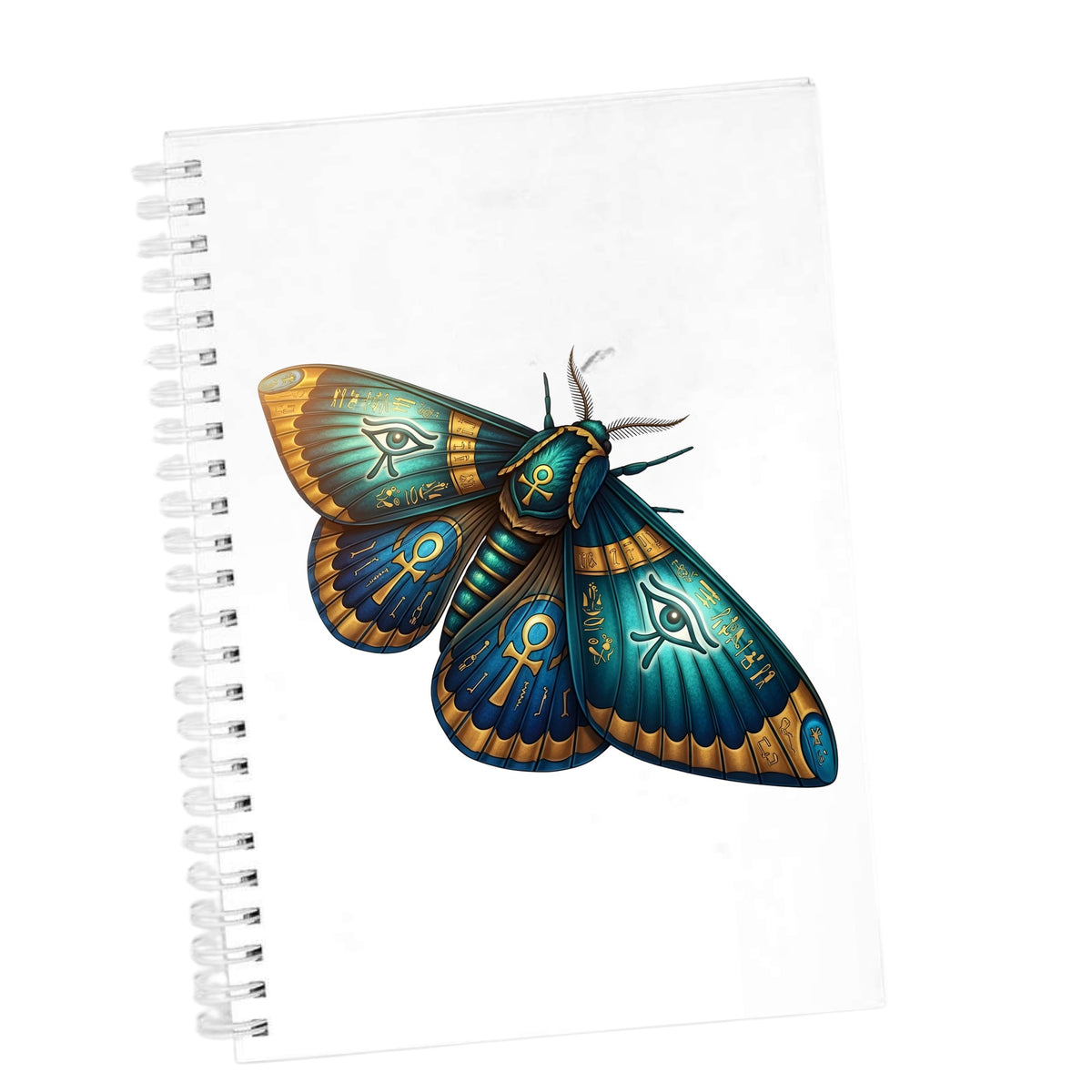 Egyptian Eye Of Horus Moth UV DTF sticker applied to the cover of a white spiral journal