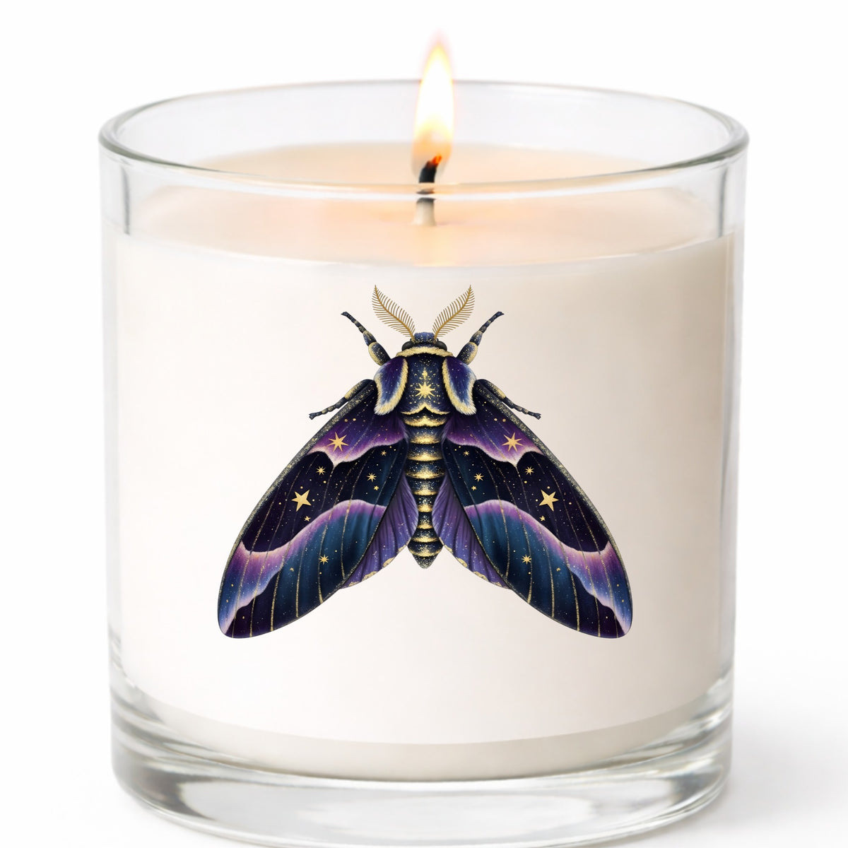 Night Sky Purple Moth UV DTF sticker applied to a white candle in a clear glass jar