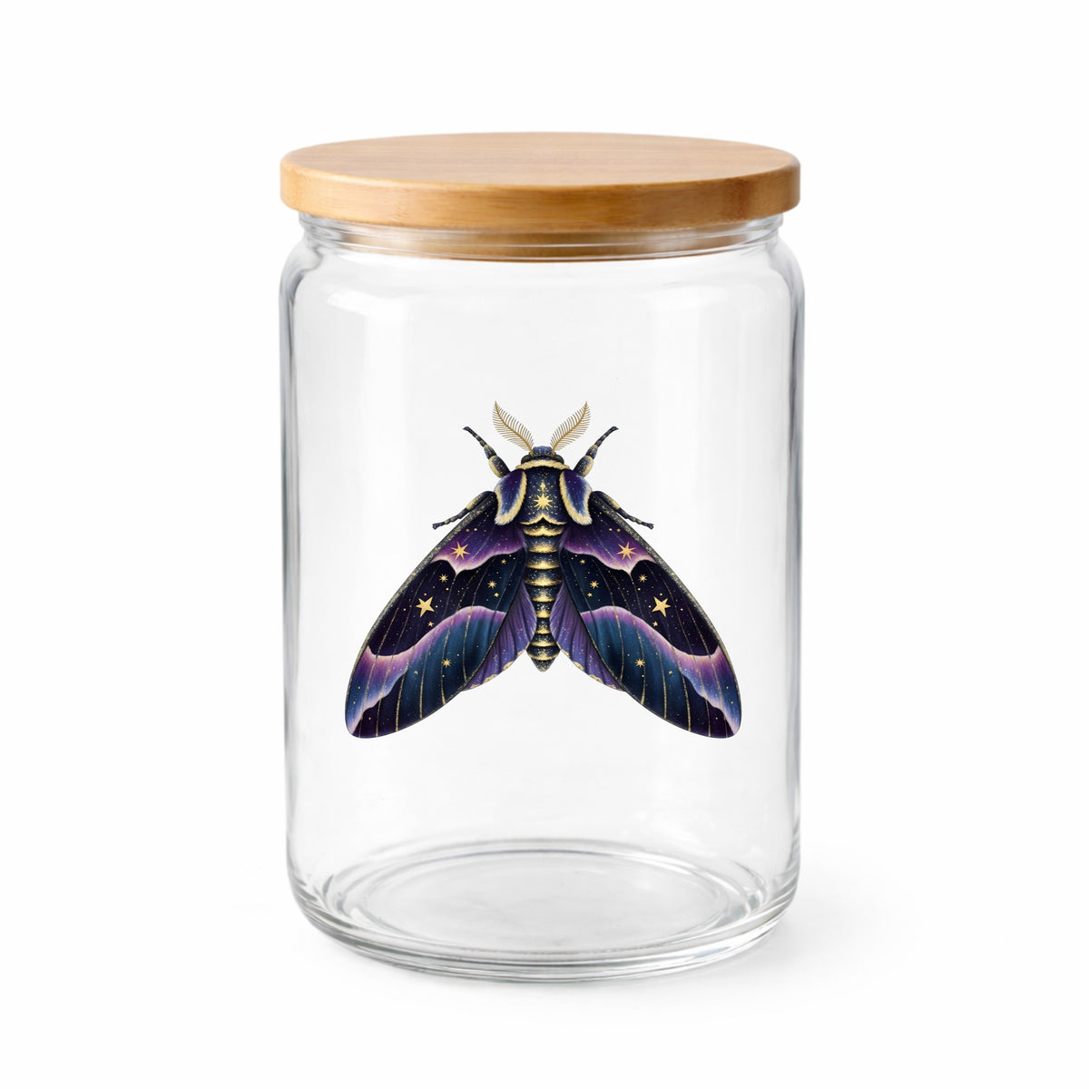 Night Sky Purple Moth UV DTF sticker applied to a clear glass jar with a wooden lid