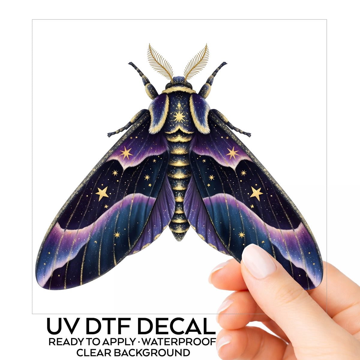 Night Sky Purple Moth UV DTF sticker on its backing card, held in hand