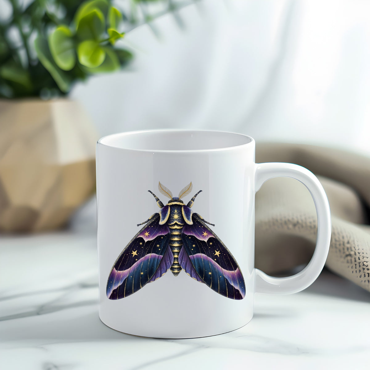 Night Sky Purple Moth UV DTF sticker applied to a white coffee mug