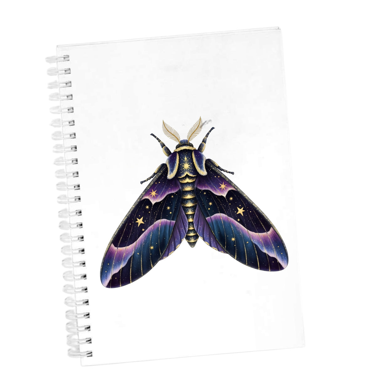 Night Sky Purple Moth UV DTF sticker applied to the cover of a white spiral journal