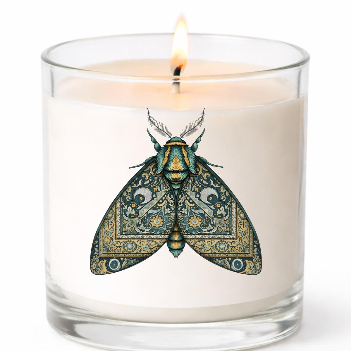 Green Damask Moth UV DTF sticker applied to a white candle in a clear glass jar