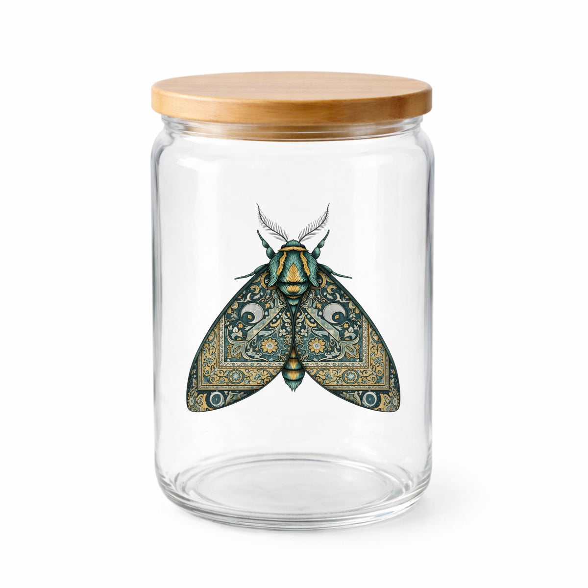 Green Damask Moth UV DTF sticker applied to a clear glass jar with a wooden lid