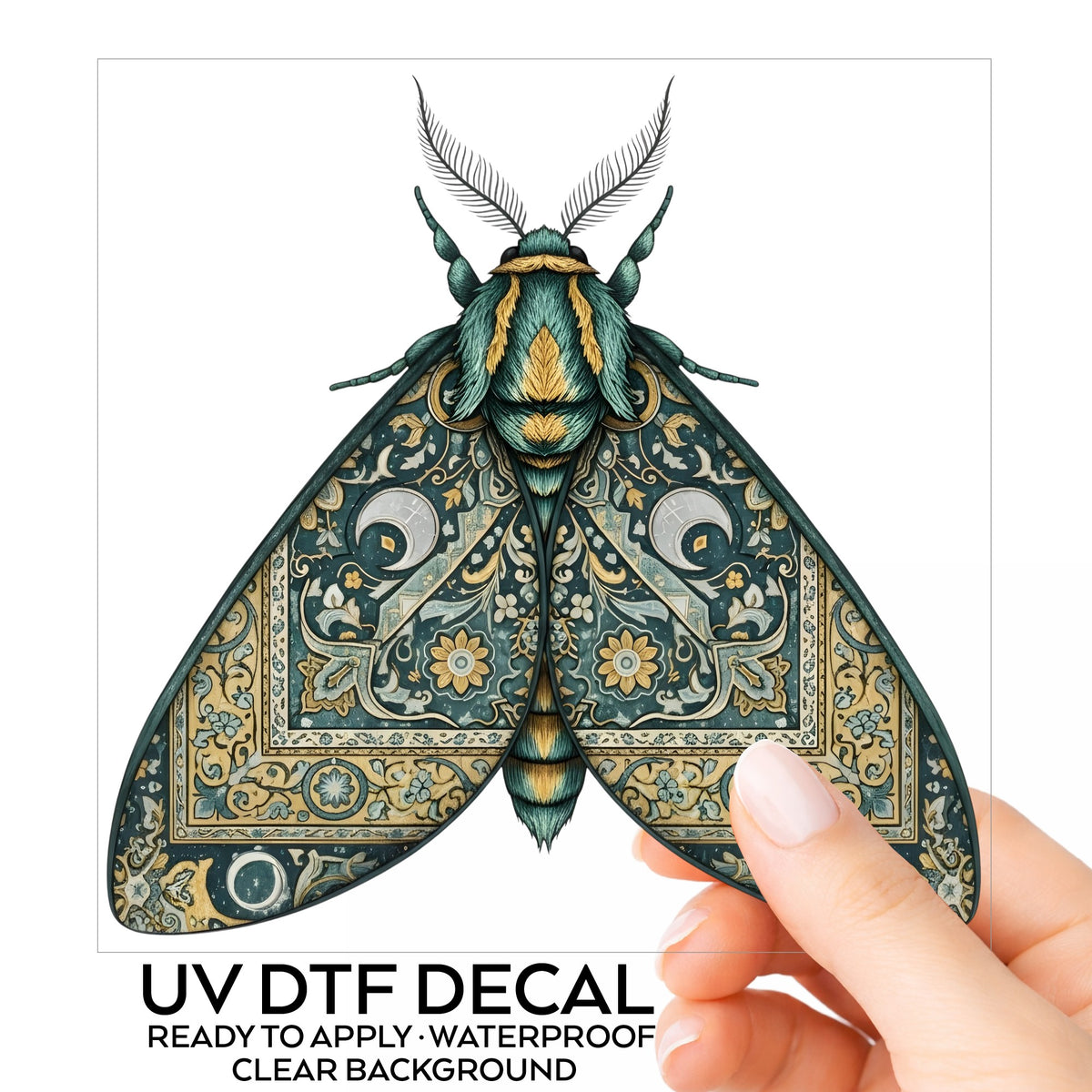 Green Damask Moth UV DTF sticker on its backing card, held in hand