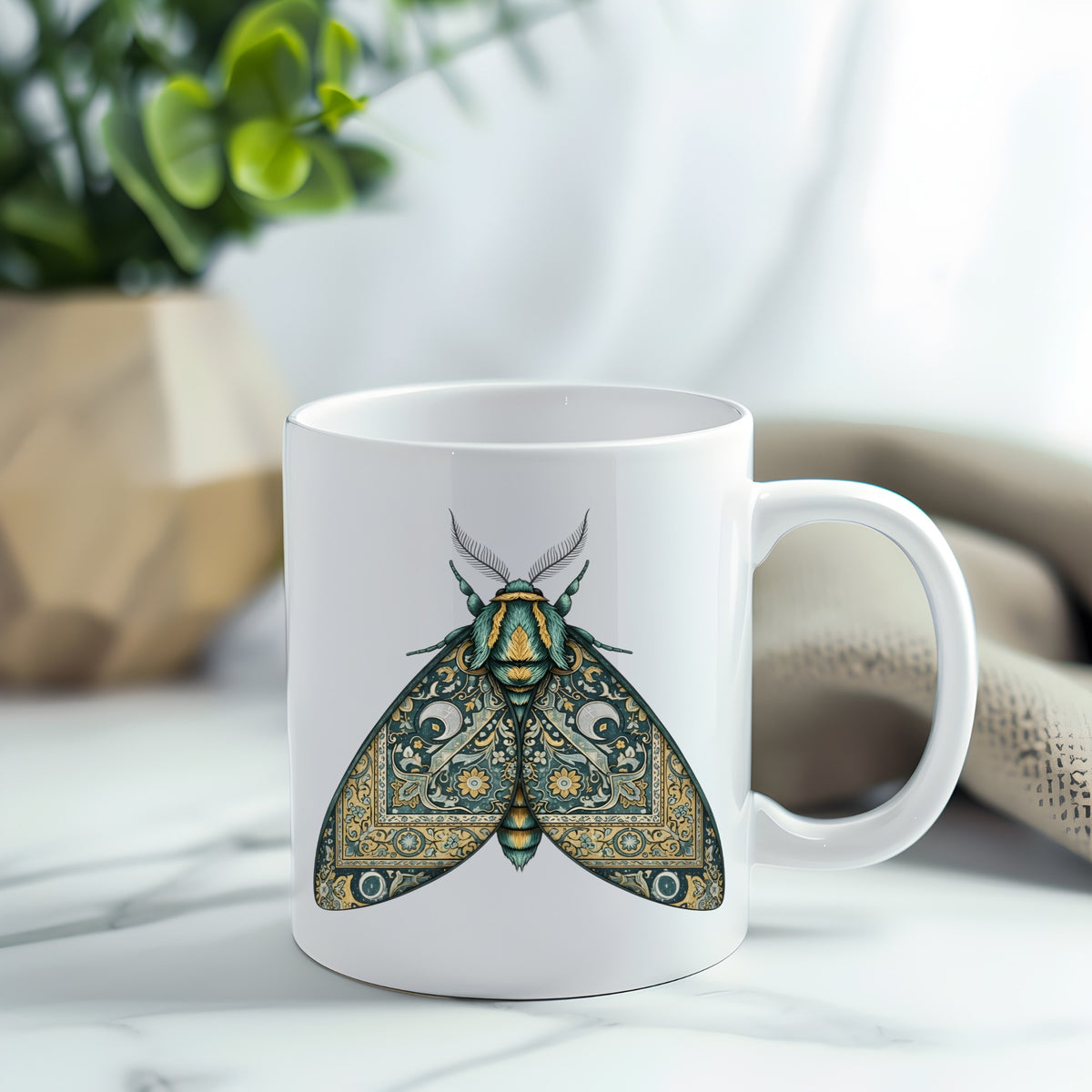 Green Damask Moth UV DTF sticker applied to a white coffee mug