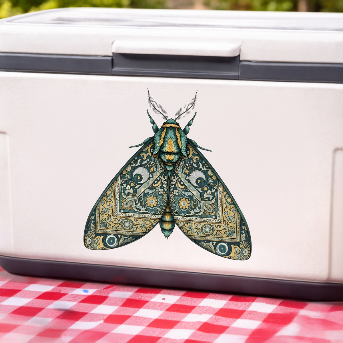 Green Damask Moth UV DTF sticker applied to a white cooler on a red gingham cloth