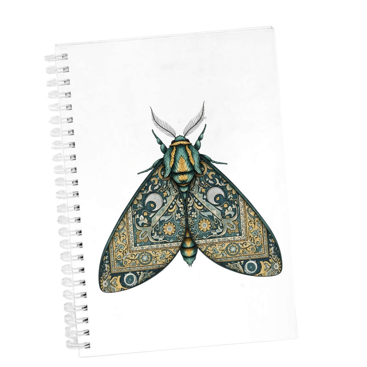 Green Damask Moth UV DTF sticker applied to the cover of a white spiral journal