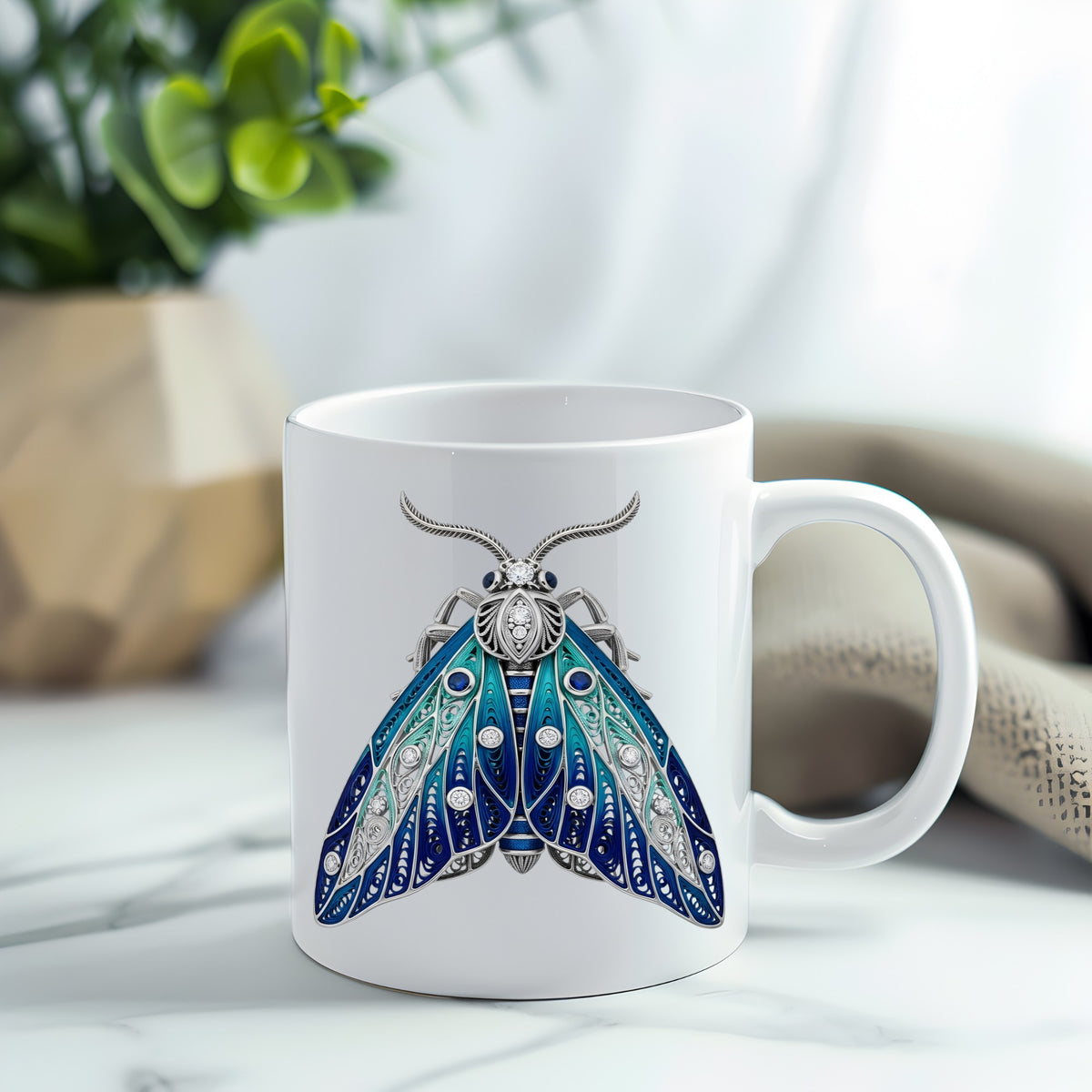 Silver Filigree Blue Moth UV DTF sticker applied to a white coffee mug
