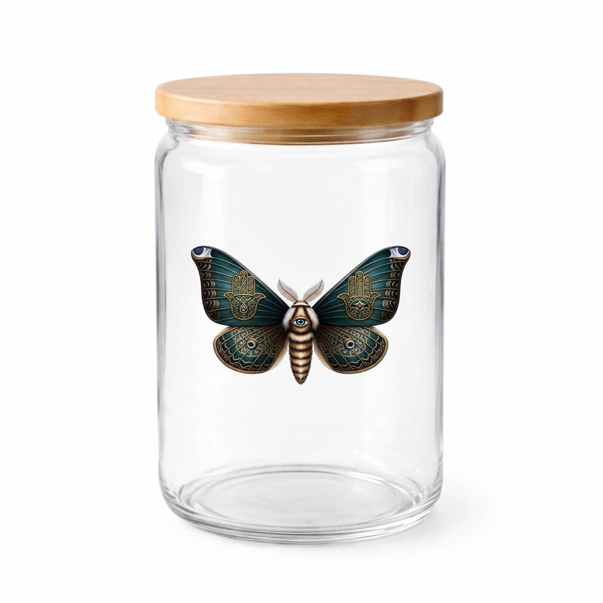 Hamsa Hand Moth UV DTF sticker applied to a clear glass jar with a wooden lid