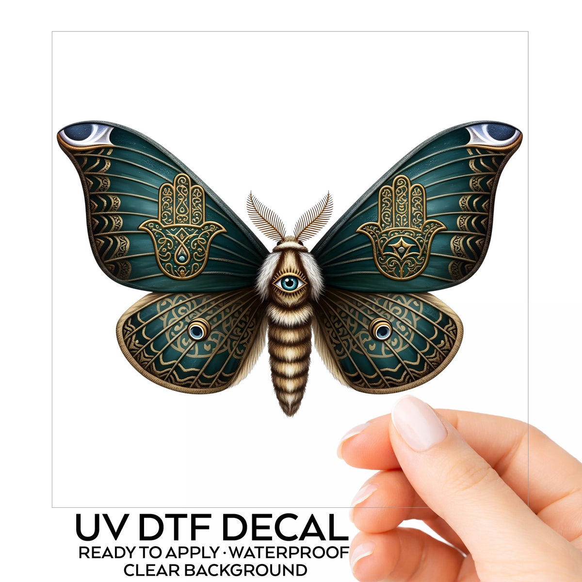 Hamsa Hand Moth UV DTF sticker on its backing card, held in hand